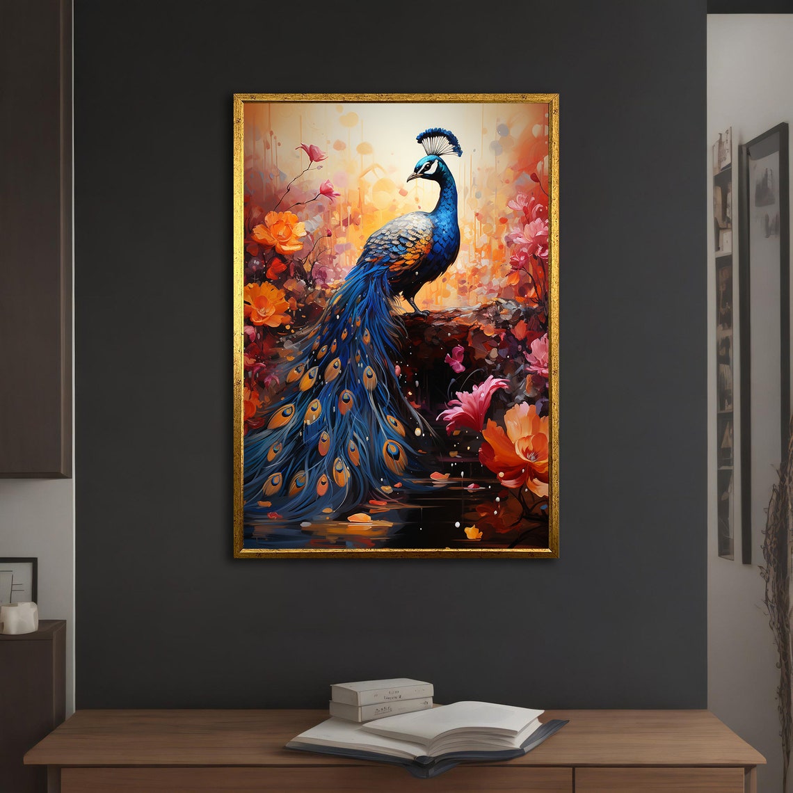 Blue Peacock Among Vibrant Flowers Full Tail Garden Art Poster - Image 5