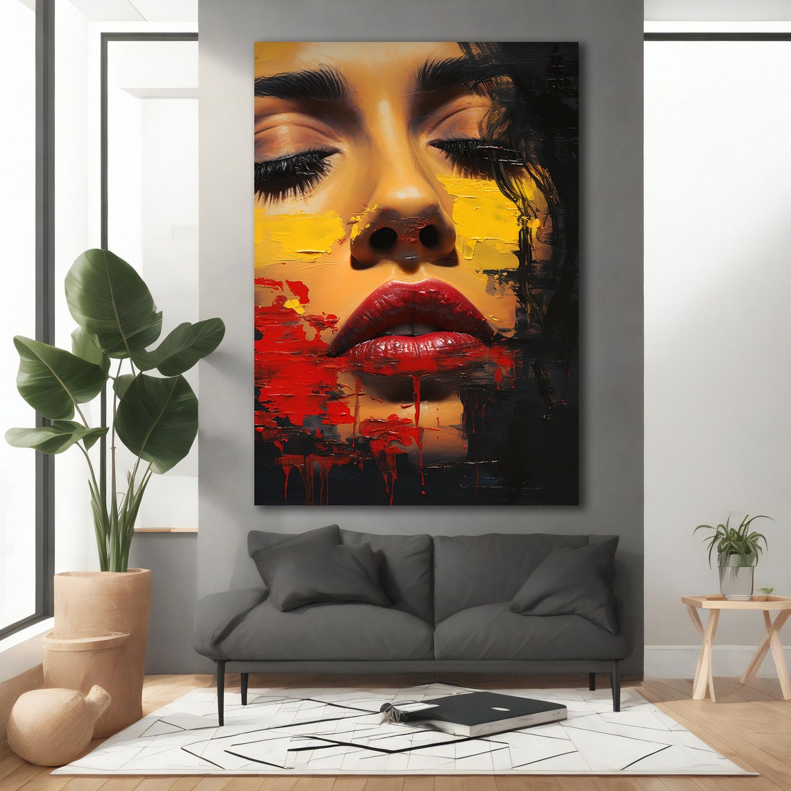 Close Up Woman Red Lips Abstract Face Yellow Drip Art Wall Poster - Image 2