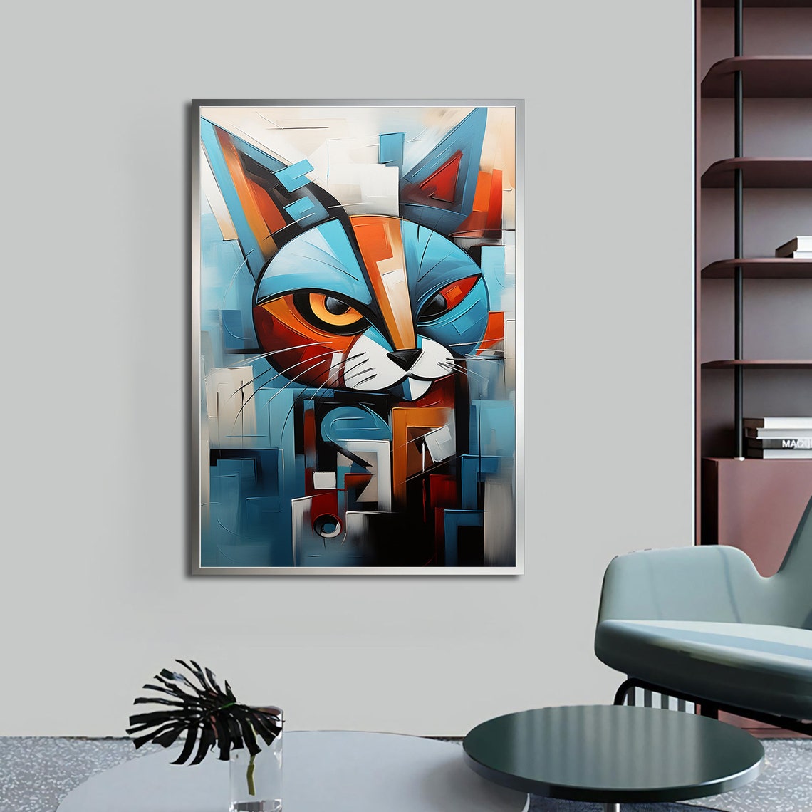 Cubist Blue Orange Cat Face Geometric Abstract Animal Art Poster - Image 4