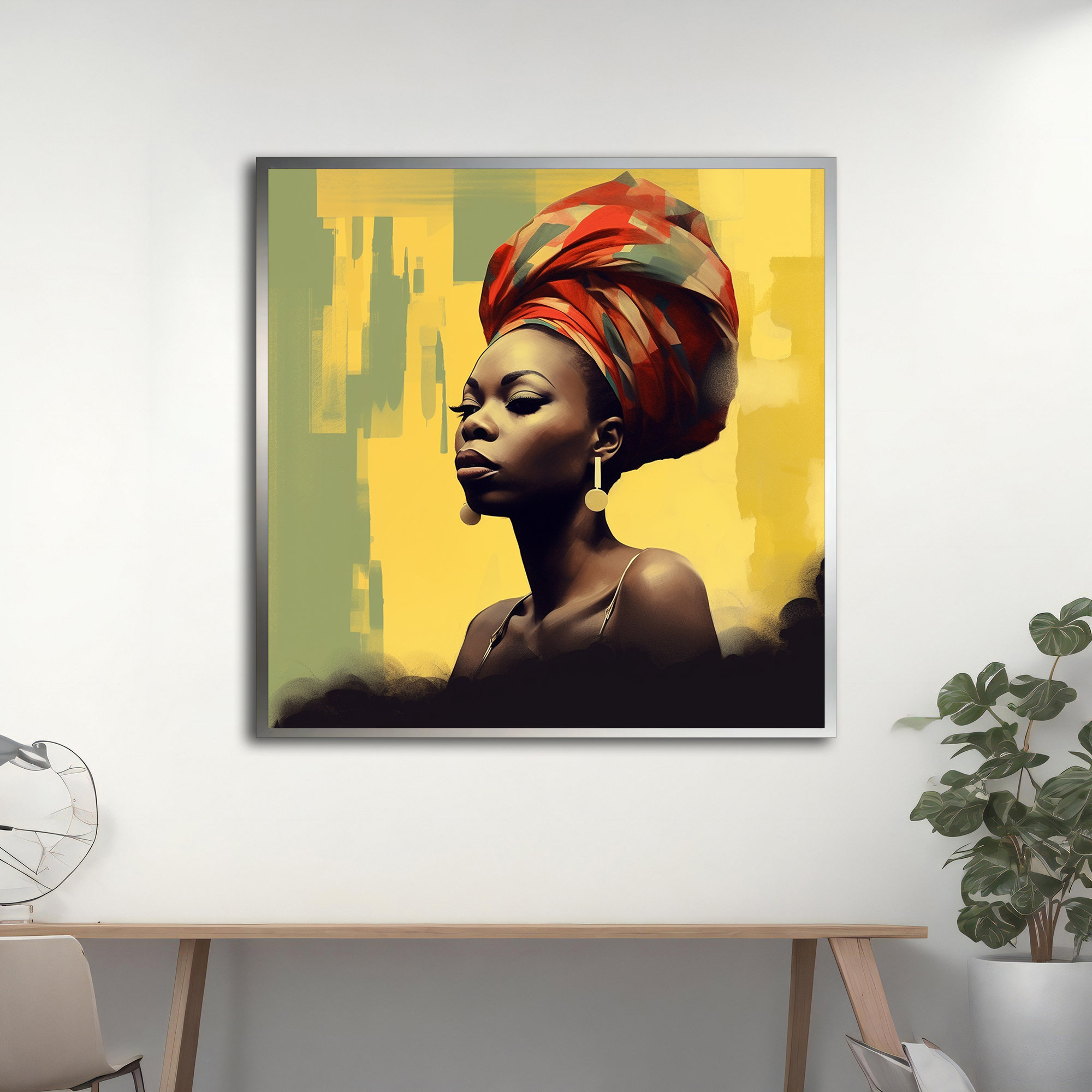 African Woman Red Headwrap Portrait Yellow Background Modern Art Print - Image 2
