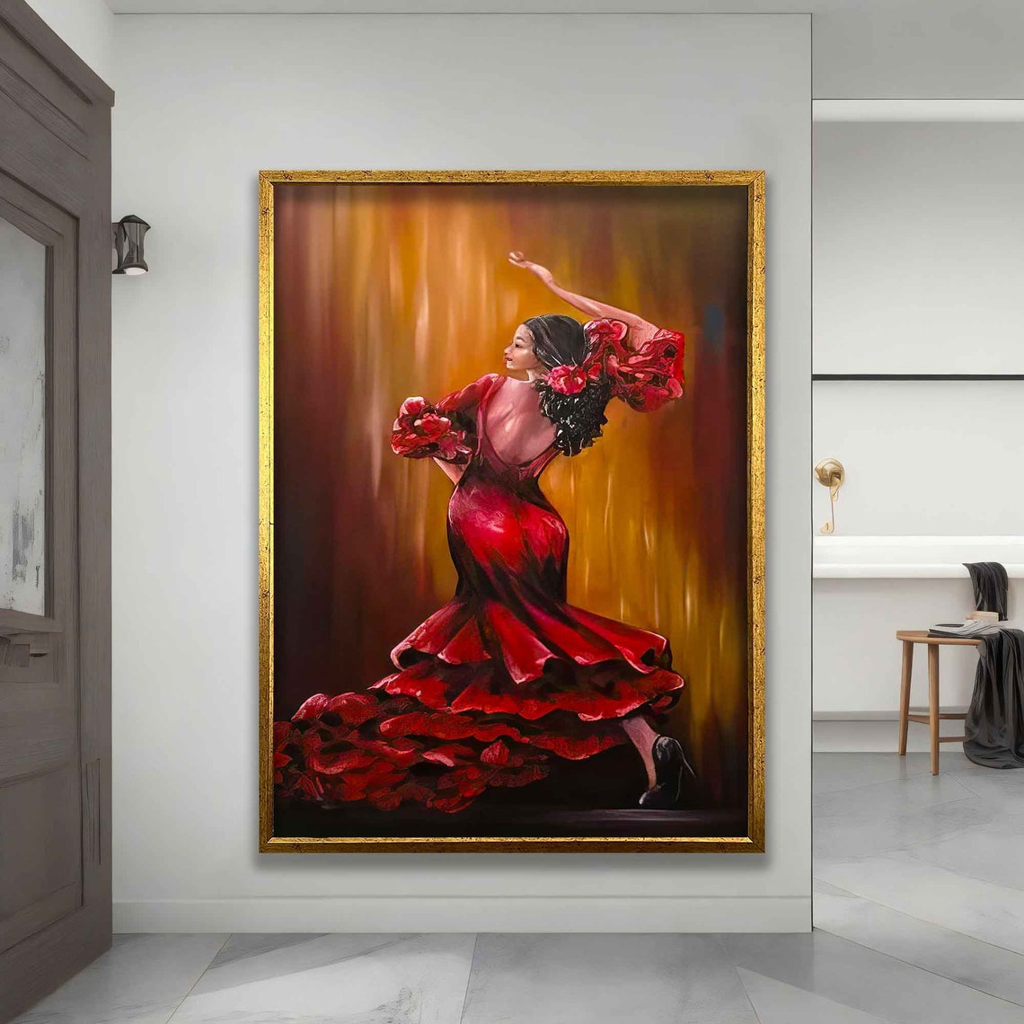 Flamenco Dancer Red Ruffled Gown Mid Twirl Golden Stage Dance Poster - Image 3