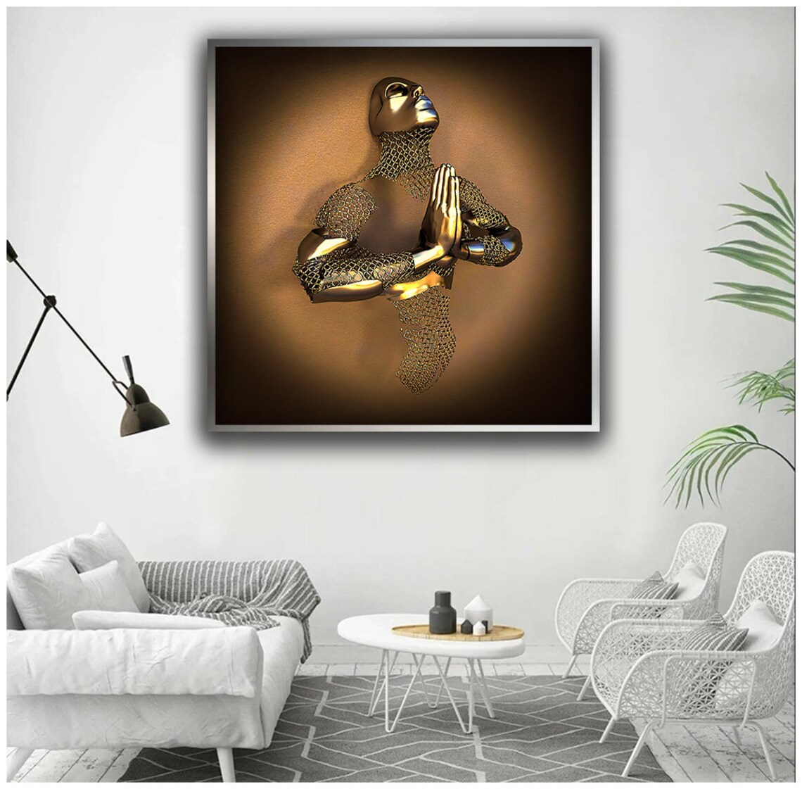 Golden Praying Figure Folded Hands Bronze Spiritual Meditation Decor Wall Art - Image 5