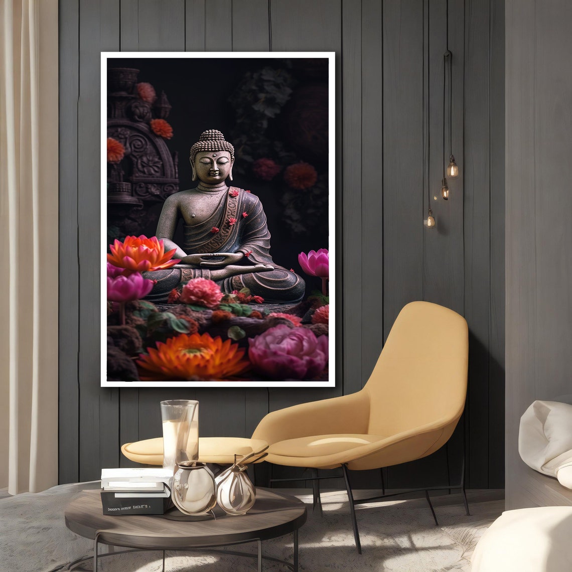 Buddha Statue Meditating Among Pink Lotus Flowers Dark Poster - Image 2
