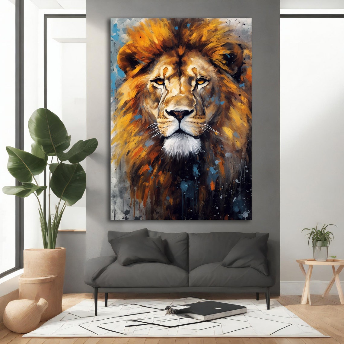 Colorful Lion Face Watercolor Orange Blue Paint Splashes Poster - Image 3