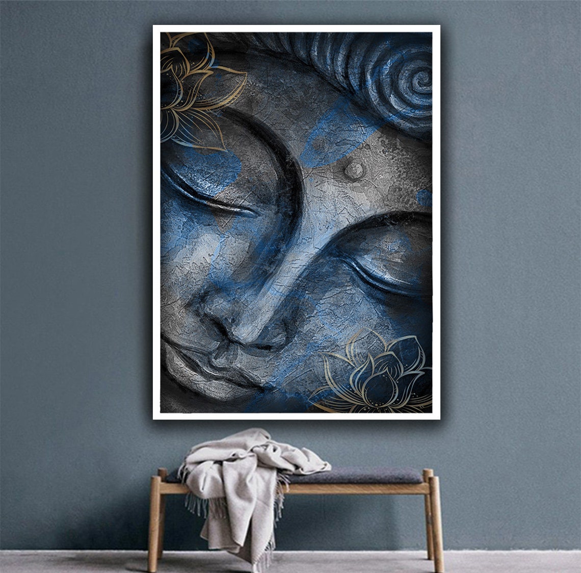 Serene Buddha Face Blue Stone Texture Gold Lotus Zen Meditation Poster - Image 5