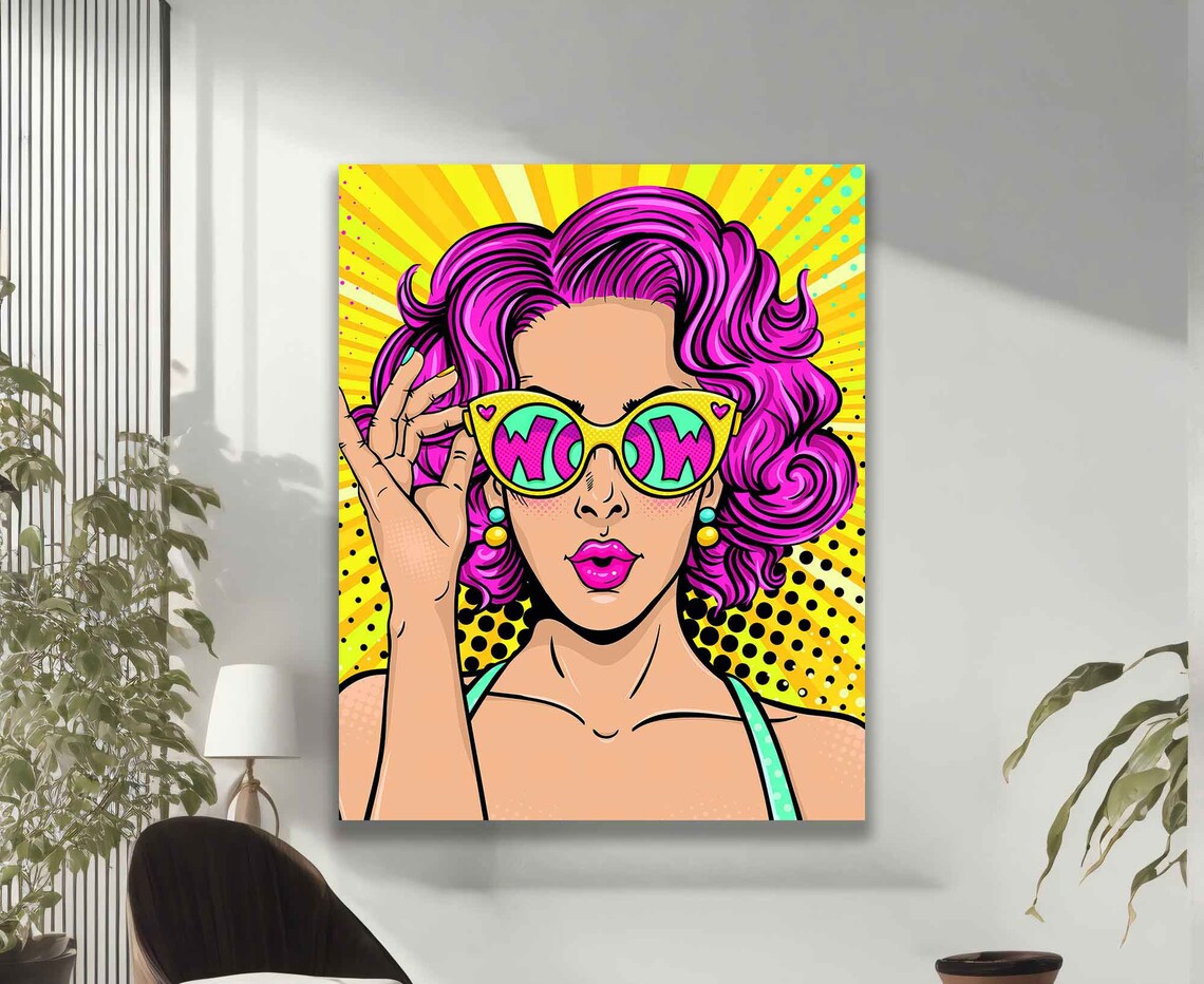 Pop Art Woman Wow Sunglasses Pink Hair Comic Style Colorful Wall Art Print - Image 2