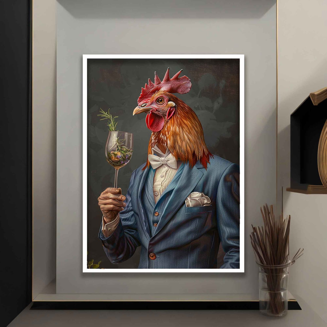 Dapper Rooster Blue Suit Bow Tie Holding Wine Glass Whimsical Poster - Image 4