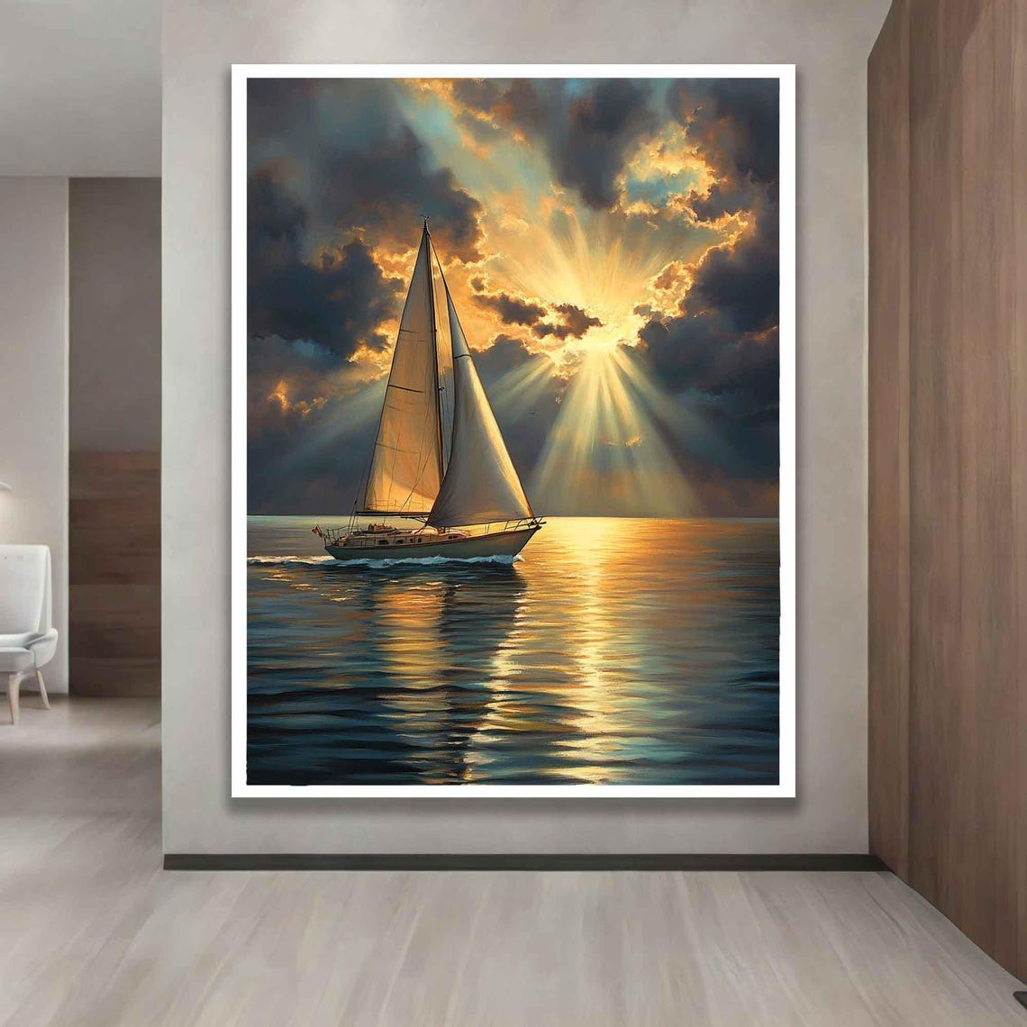 Sailboat Sailing Into Golden Sunrise Sunbeams Breaking Clouds Poster - Image 3