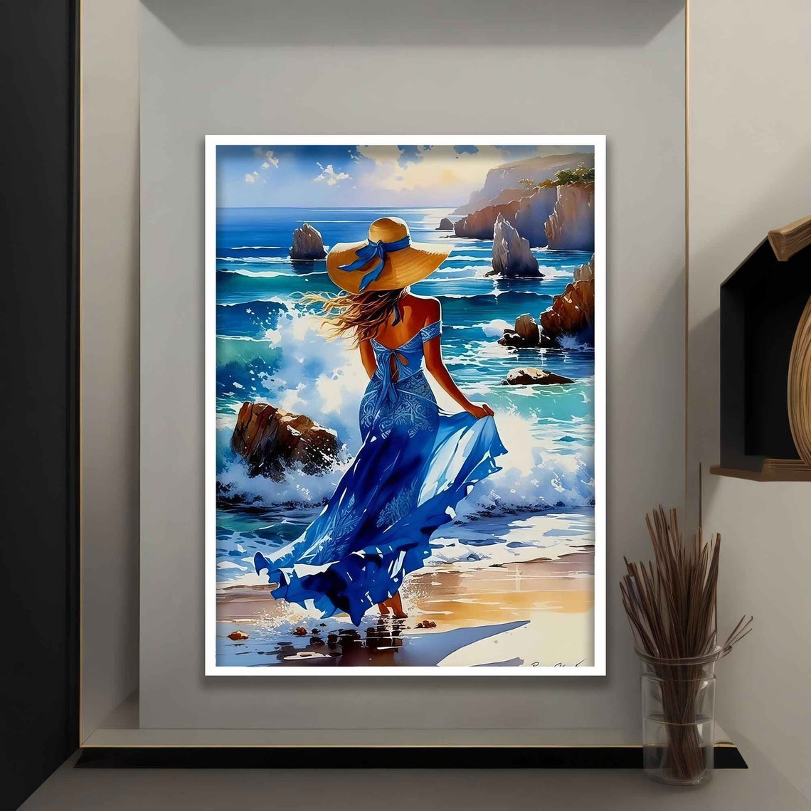 Beautiful Woman In Blue Dress Walking On The Beach Painting Woman With Her Back Turned Art Woman By The Sea Print - Image 4