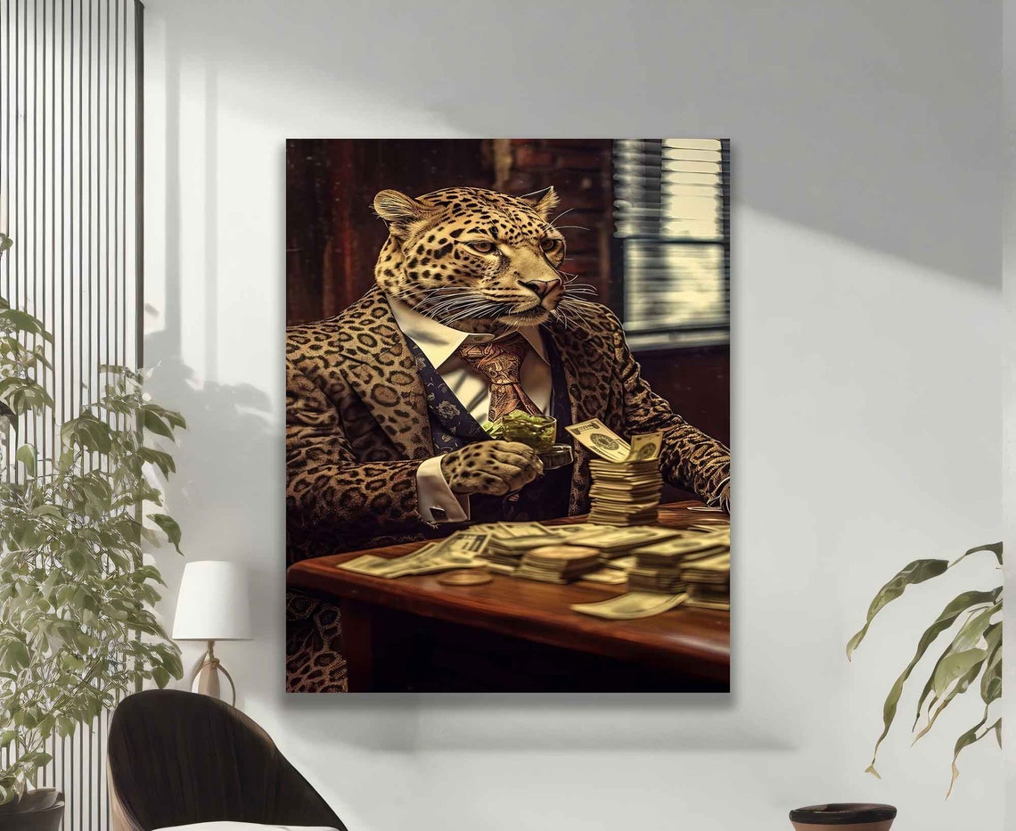 Dapper Leopard in Suit with Cash Money Stacks Funny Wall Poster - Image 2