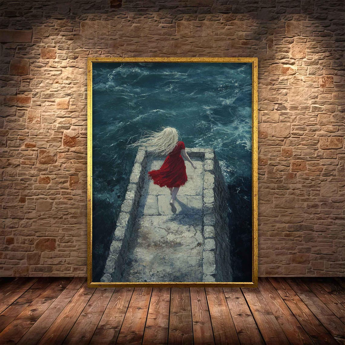 Alone Woman In The Sea Painting Surreal Blonde Girl Poster Seascape Art Girl In Red Dress Print Beautiful Woman Home Decor - Image 4