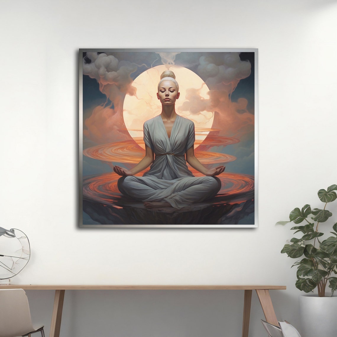 Meditating Woman Sunset Moon Sky Serene Yoga Zen Spiritual Wall Art - Image 4