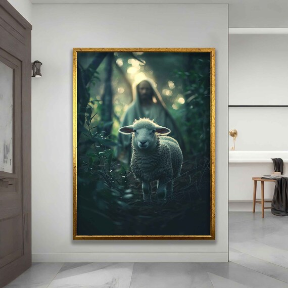 Jesus Lost Lamb Forest Light Beams Religious Christian Faith Art Poster