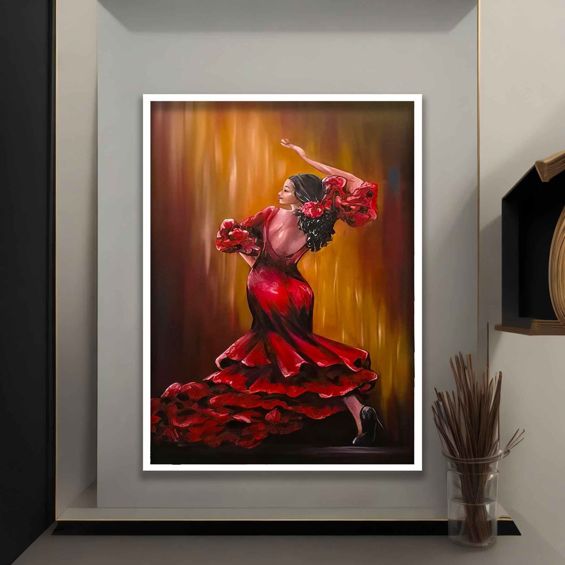 Flamenco Dancer Red Ruffled Gown Mid Twirl Golden Stage Dance Poster - Image 4