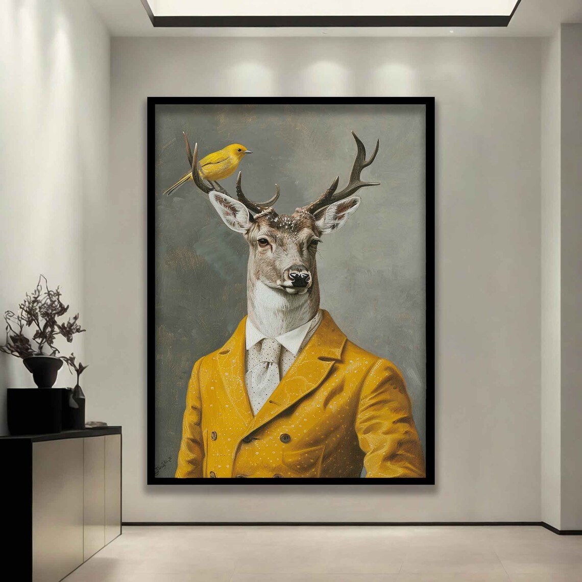Dapper Stag In Mustard Suit Yellow Bird On Antler Whimsical Portrait Poster - Image 2