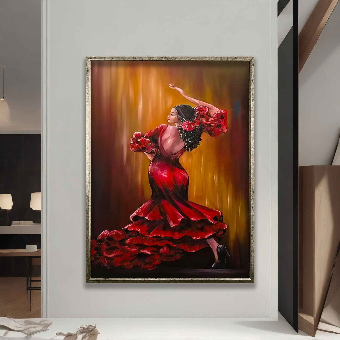Flamenco Dancer Red Ruffled Gown Mid Twirl Golden Stage Dance Poster - Image 5