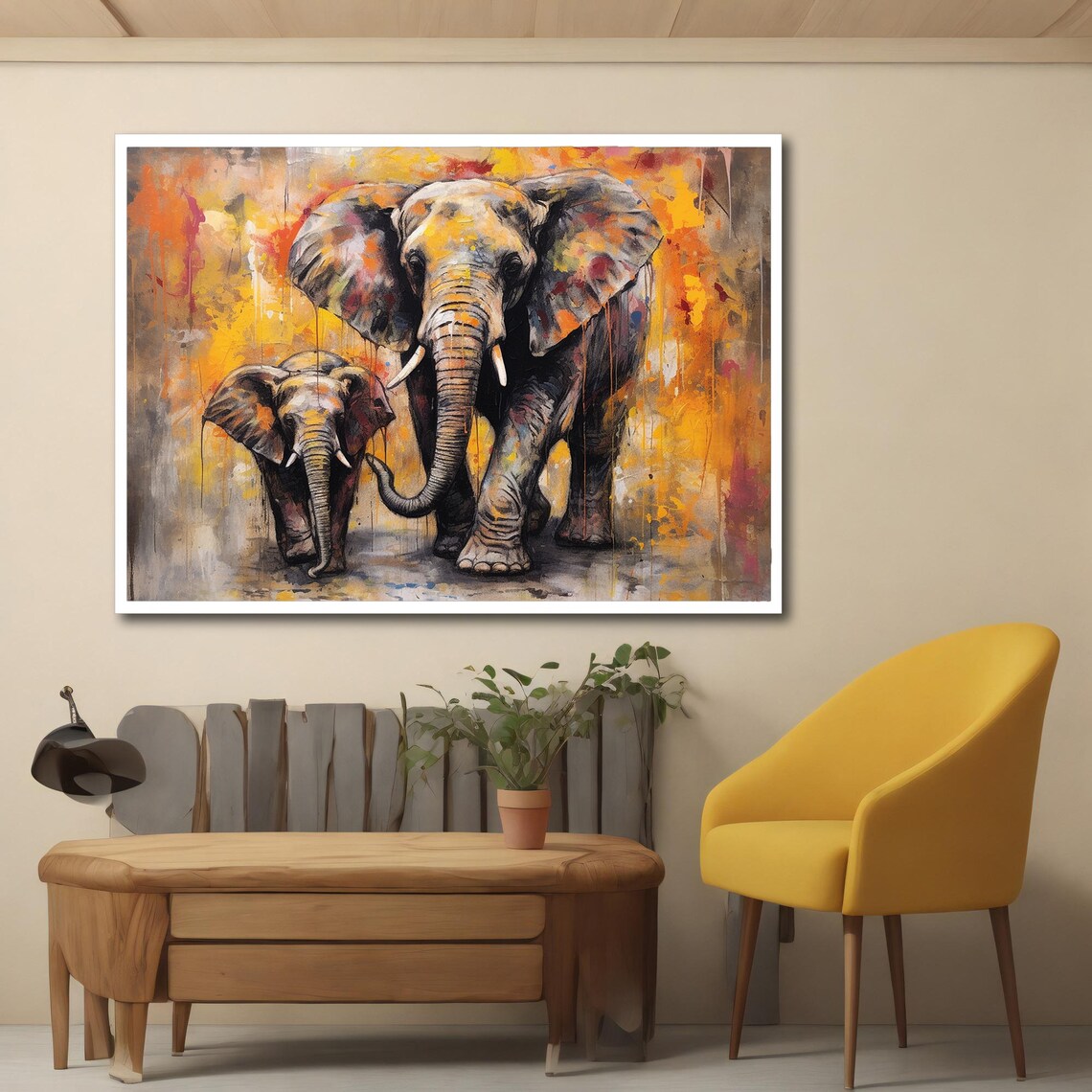 Abstract Elephant Calf Walking Colorful Orange Yellow Oil Painting Poster - Image 5