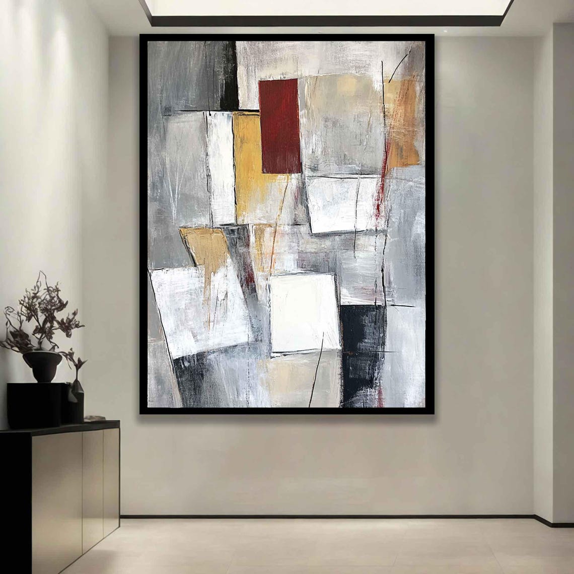 Abstract Geometric Grey White Red Gold Modern Minimalist Wall Art - Image 4