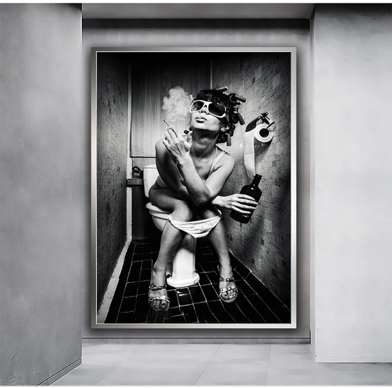 Woman Drinking in the Toilet, Modern Wall Art Print