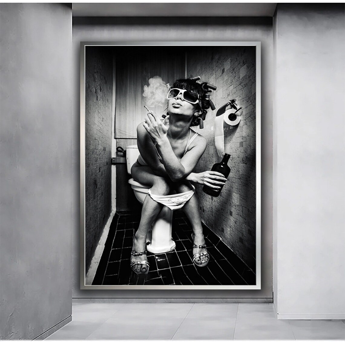 Woman Drinking in the Toilet, Modern Wall Art Print