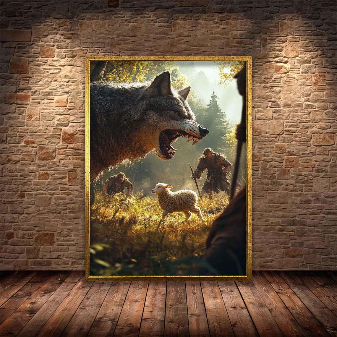 Jesus Shepherd Staff Shielding Lamb From Giant Wolf Autumn Poster - Image 4
