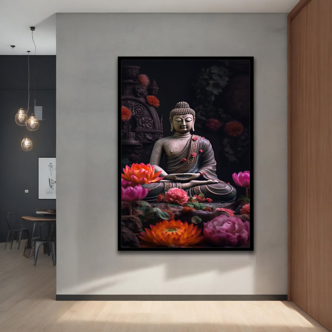 Buddha Statue Meditating Among Pink Lotus Flowers Dark Poster - Image 4