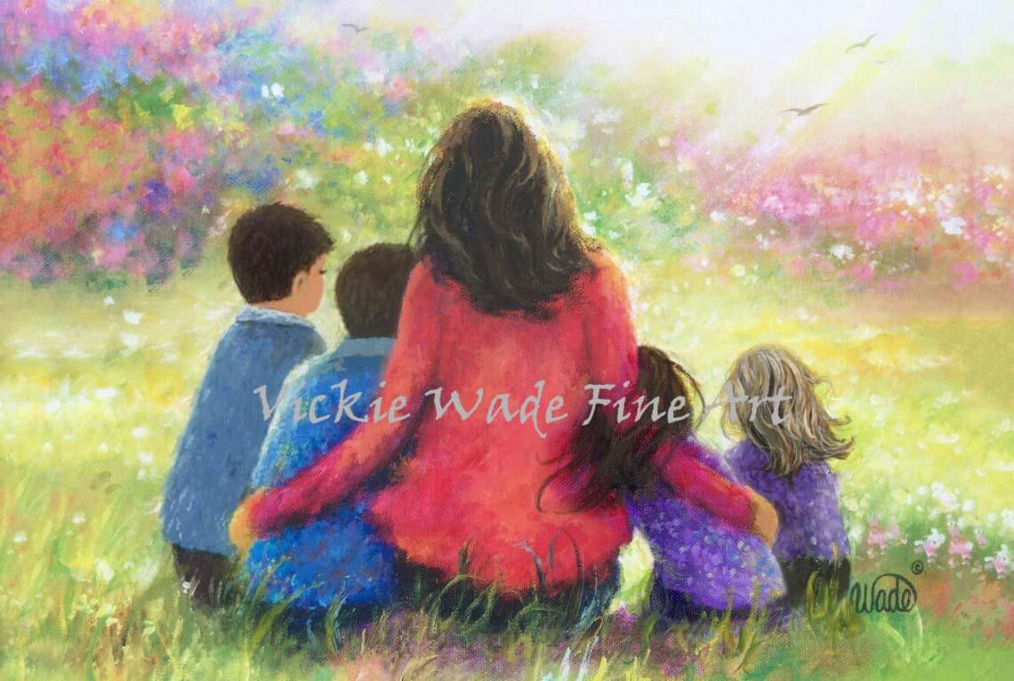 Mother And Four Children In Garden Art Print Two Sons Two Daughters Two Boys Two Girls Flower Garden Four Kids Vickie Wade Art