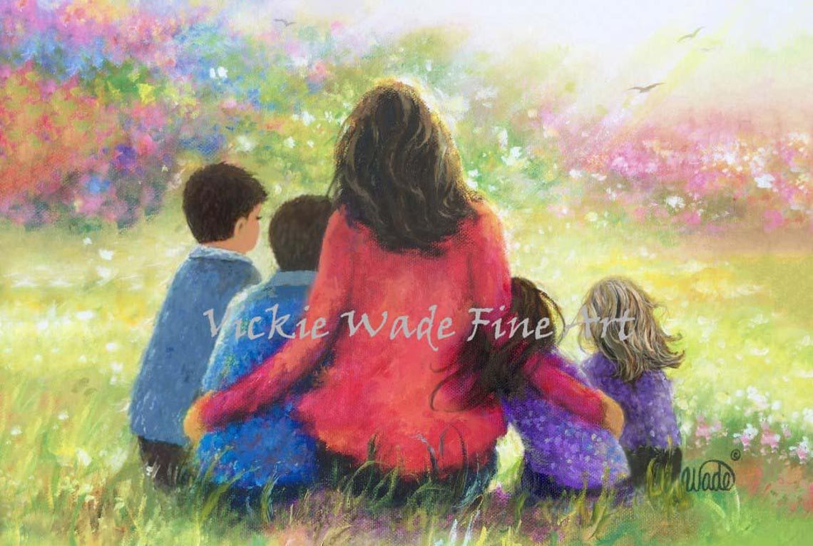 Mother Hugging Two Sons and Two Daughters in a Garden Poster
