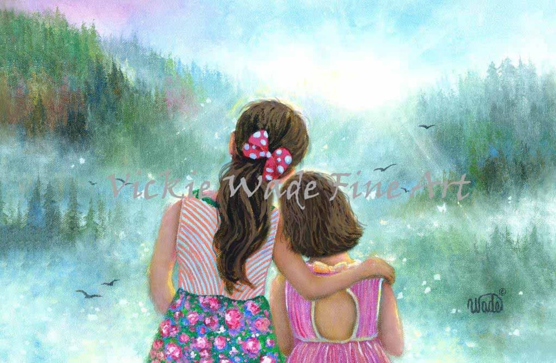 Two Sisters Hugging as They Overlook a Misty Pine Forest Valley Poster