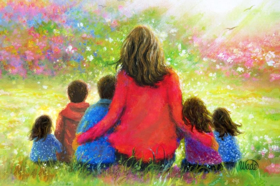 Mother With Two Sons and Three Daughters in a Colorful Garden Poster