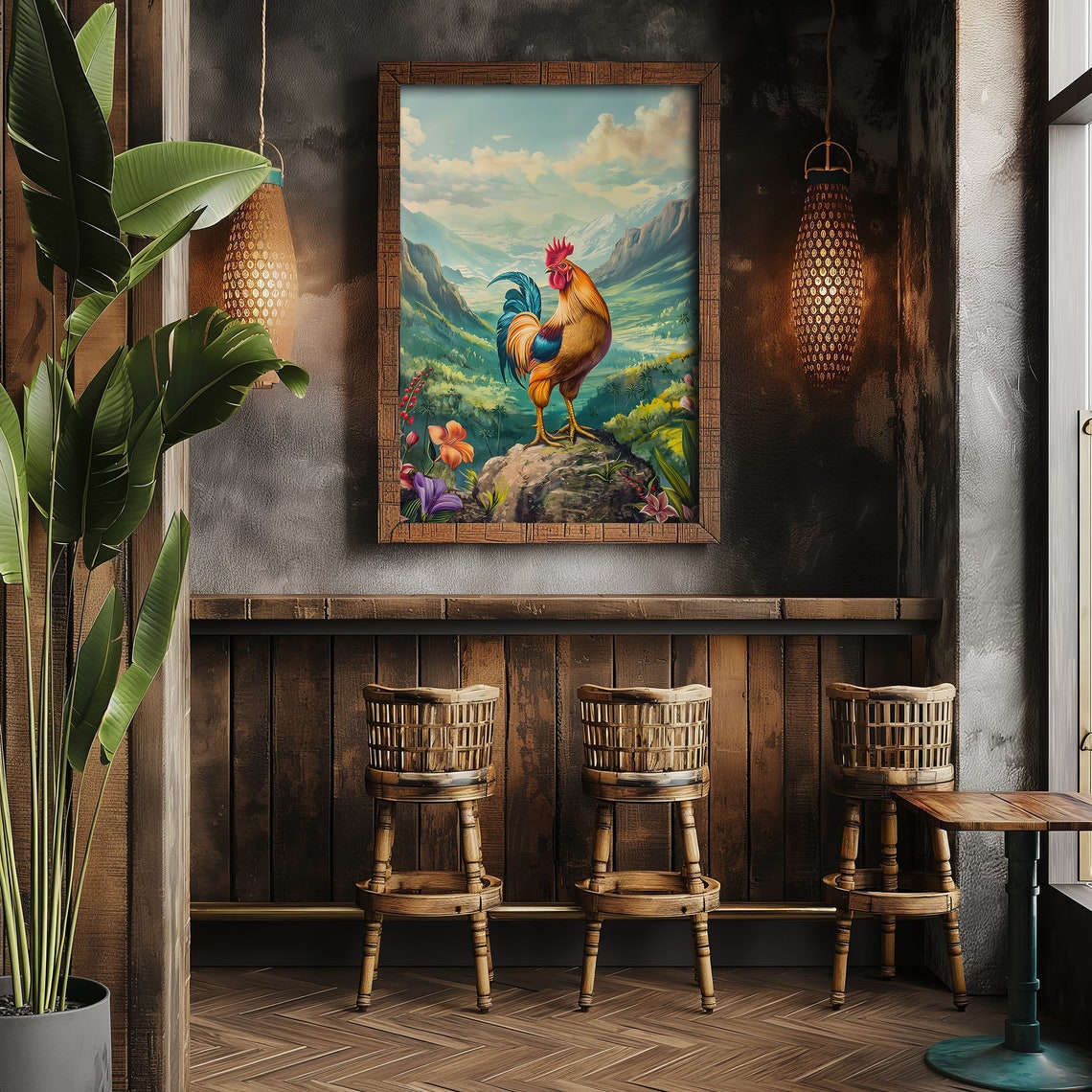 Colorful Rooster on Rocky Peak Tropical Mountain Valley Wall Art - Image 2