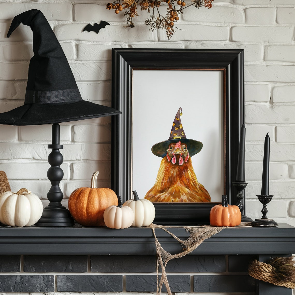 Chicken In Witch Hat Watercolor Cute Halloween Hen Portrait Poster - Image 3