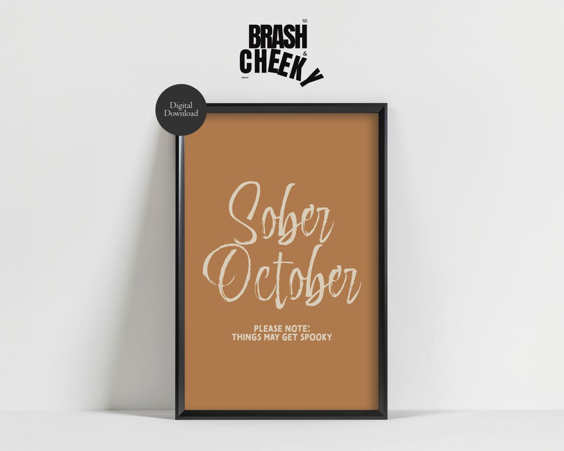Sober October Cream Script Halloween Party Sign Caramel Wall Art - Image 3