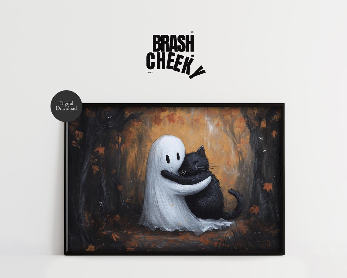 Ghost Hugging A Black Cat Fall Halloween Print Cute Cat And Ghost Wall Art Fall And Halloween Printables