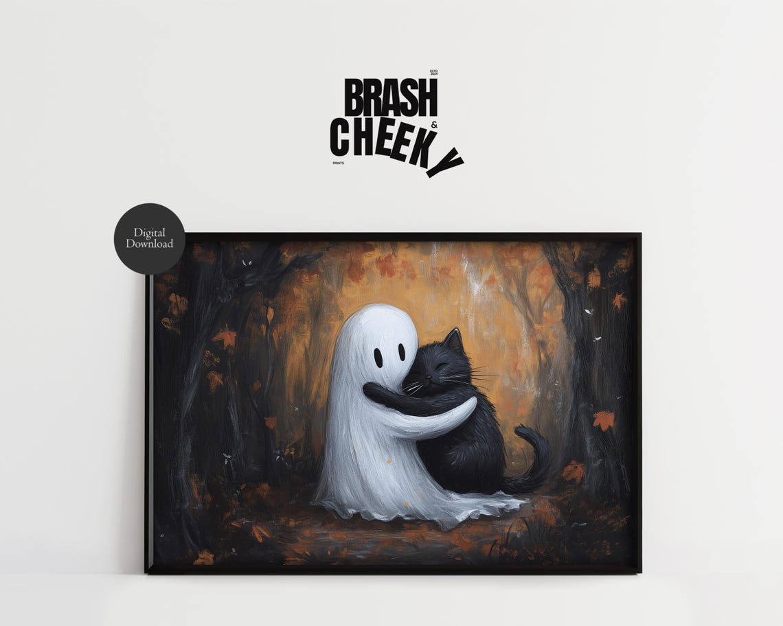 Ghost Hugging Black Cat Cozy Autumn Forest Halloween Decor Wall Art