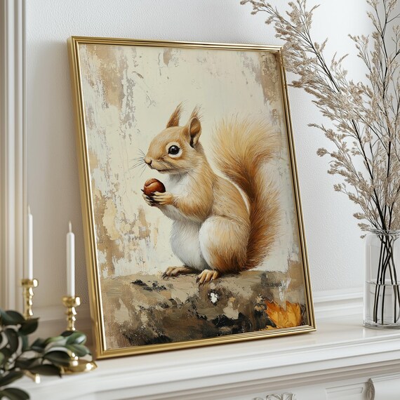 Cute Fall Squirrel Holding Acorn Vintage Style Animal Art Print