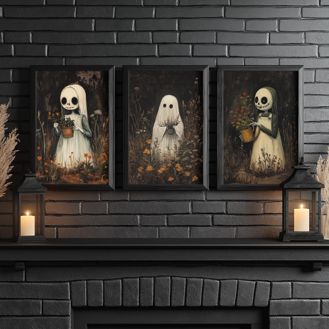Halloween Ghost Garden Triptych Set Of Three Spooky Art Poster - Image 2