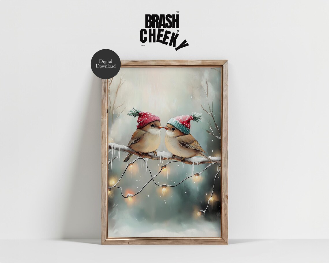 Cute Two Birds in Winter Hats on Snowy Branch Christmas Art Print