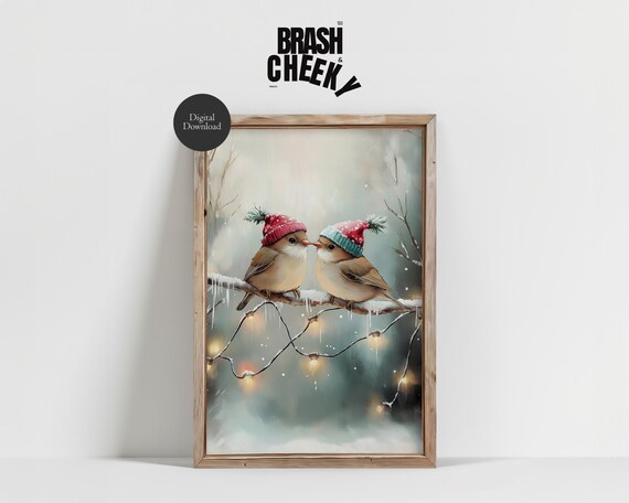 Cute Kissing Festive Birds Winter Tiny Birds On Christmas Lights Print Merry Nursery Decor Farmhouse Holiday Print