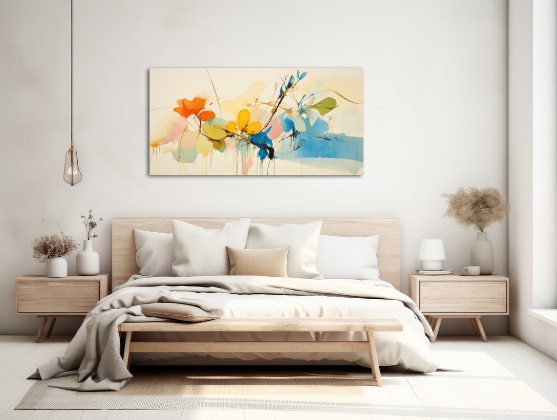 Panoramic Loose Watercolor Flowers Orange Blue Beige Art Poster - Image 2