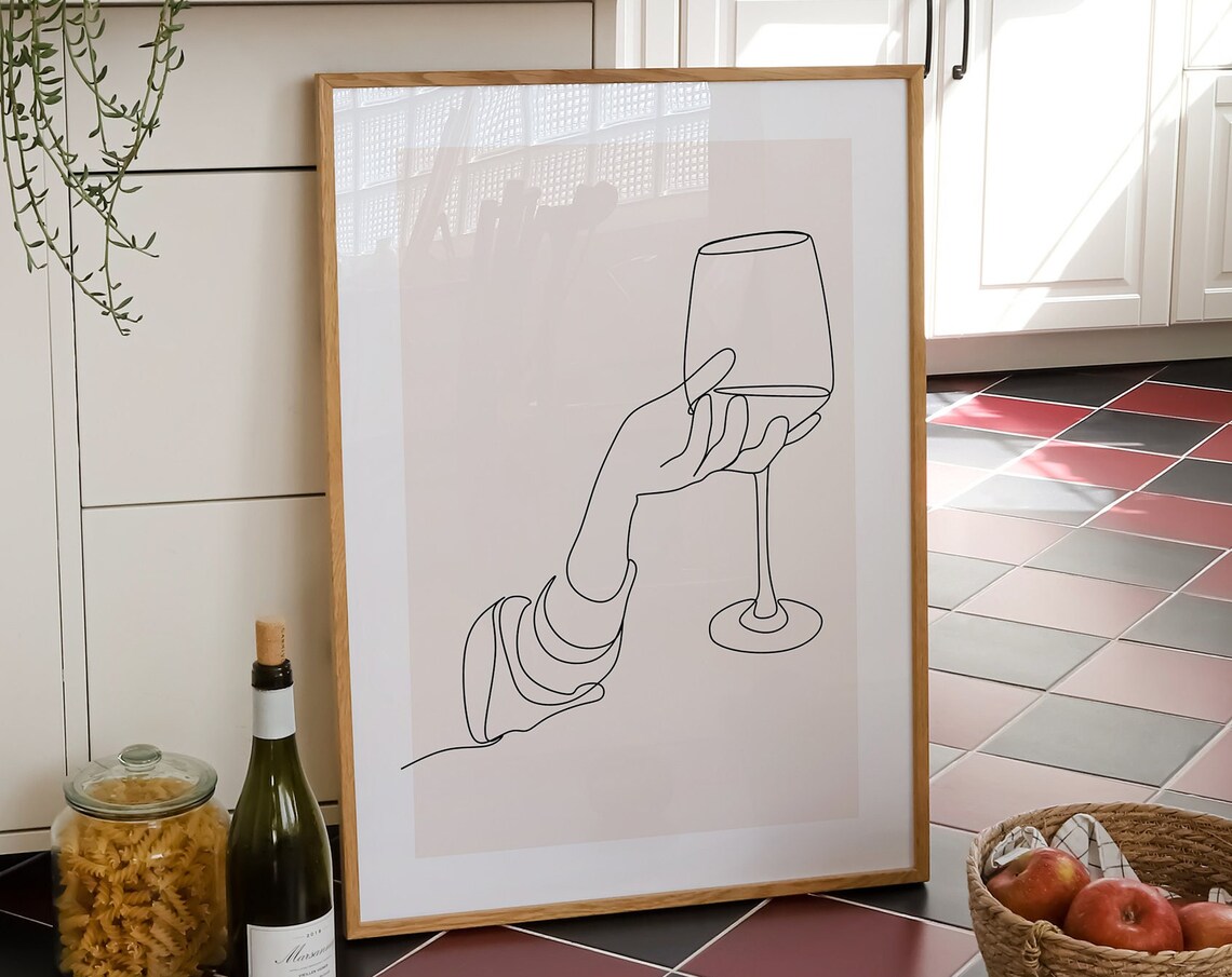 Minimalist Single Line Art Hand Holding Wine Glass Blush Poster
