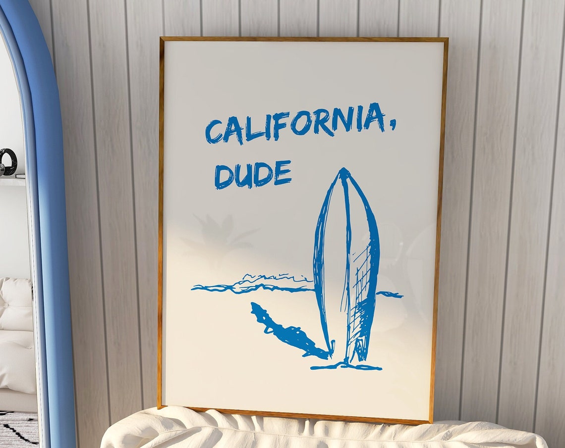 California Dude Surfboard Blue Line Art Beach Surf Style Poster