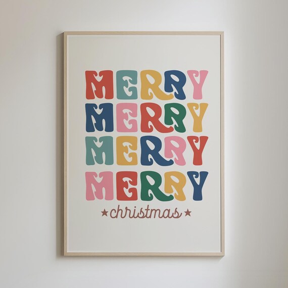 Merry Christmas Colorful Retro Typography Holiday Decor Poster