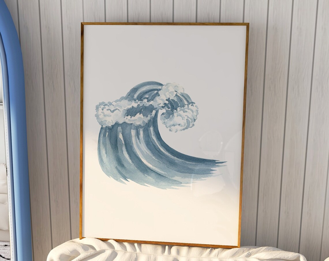 Blue Watercolor Ocean Wave Surf Coastal Beach House Art Poster