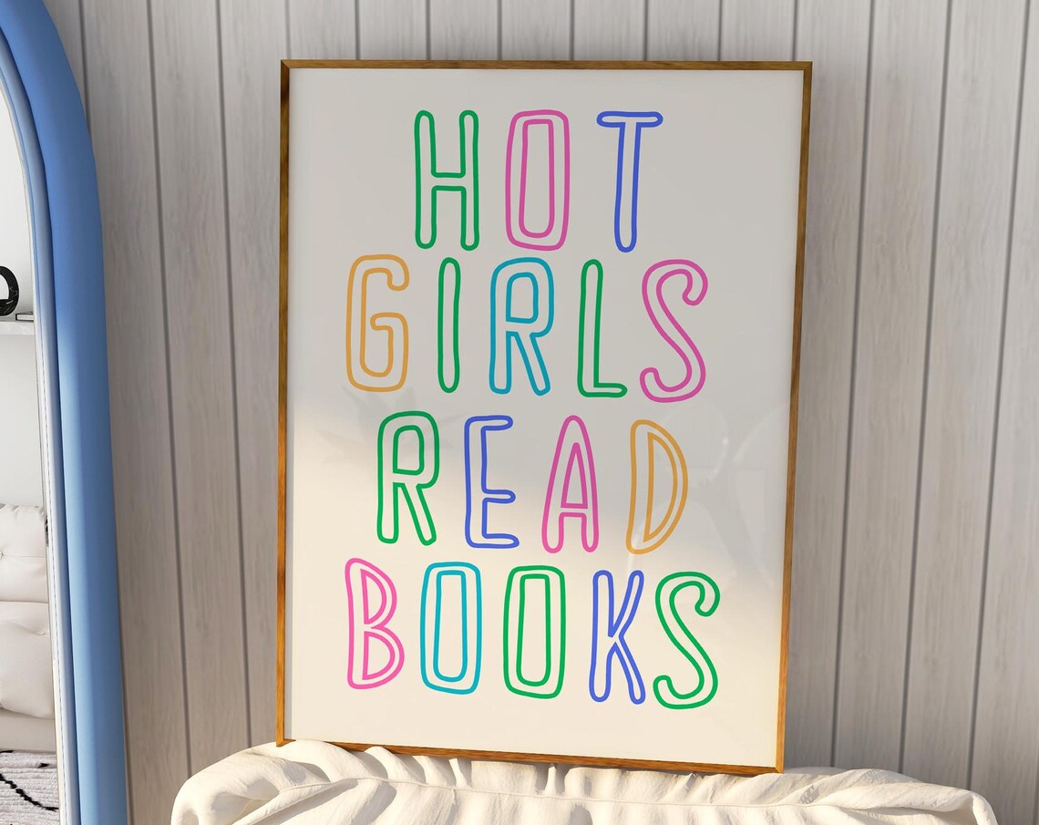 Hot Girls Read Books Rainbow Outline Typography Quote Poster