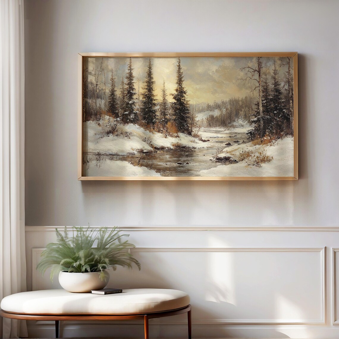 Winter Snowy Forest Stream Painting Golden Sky Tall Pines Poster - Image 2