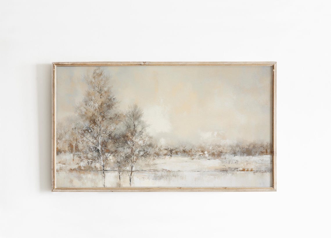 Misty Winter Birch Trees Neutral Abstract Lakeside Landscape Poster