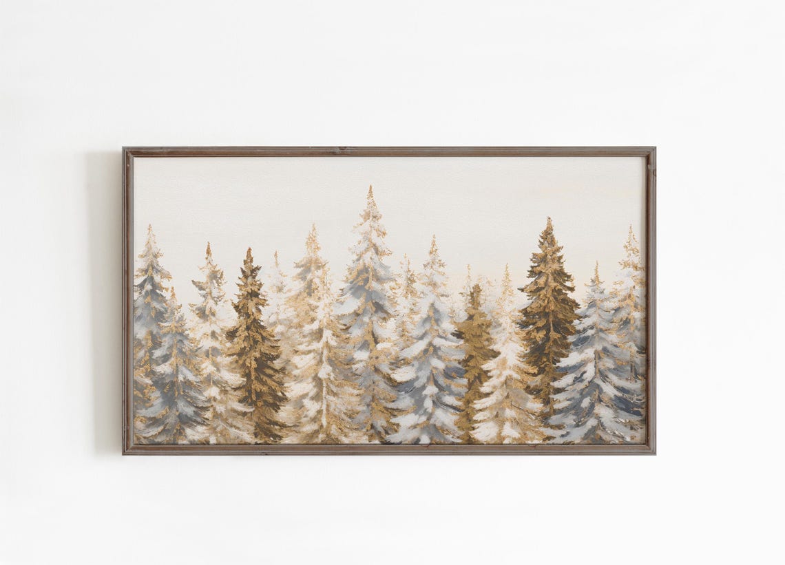 Snowy Evergreen Forest Winter Trees Gold and Blue Art Poster - Image 2