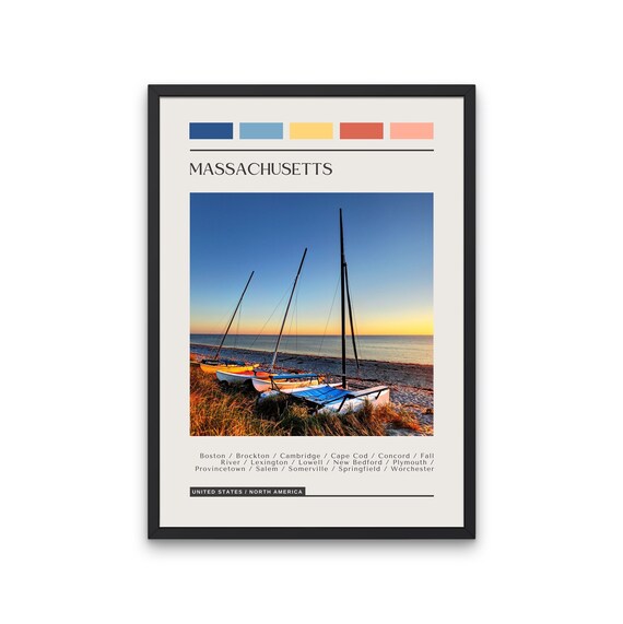 Massachusetts Beach Sailboats at Sunset Color Block Travel Poster
