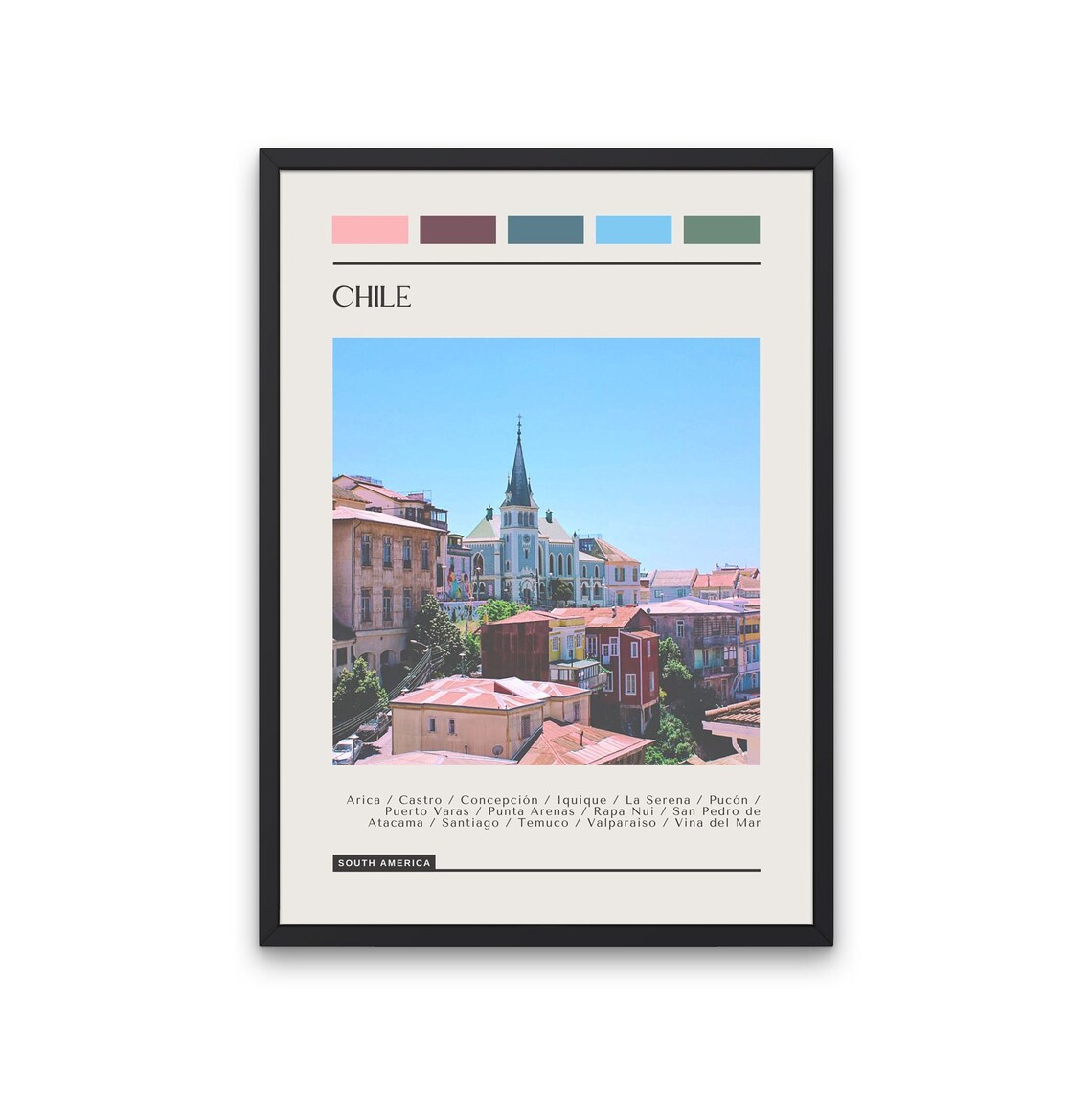 Chile Valparaiso Colorful Hills Seaside Color Block Travel Poster